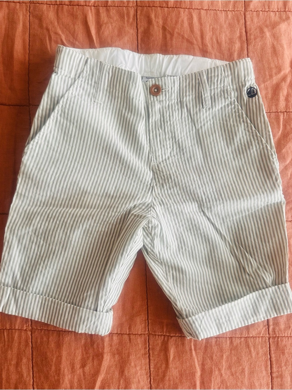 Petit Bateau Striped Shorts in White and Beige with Brown Button